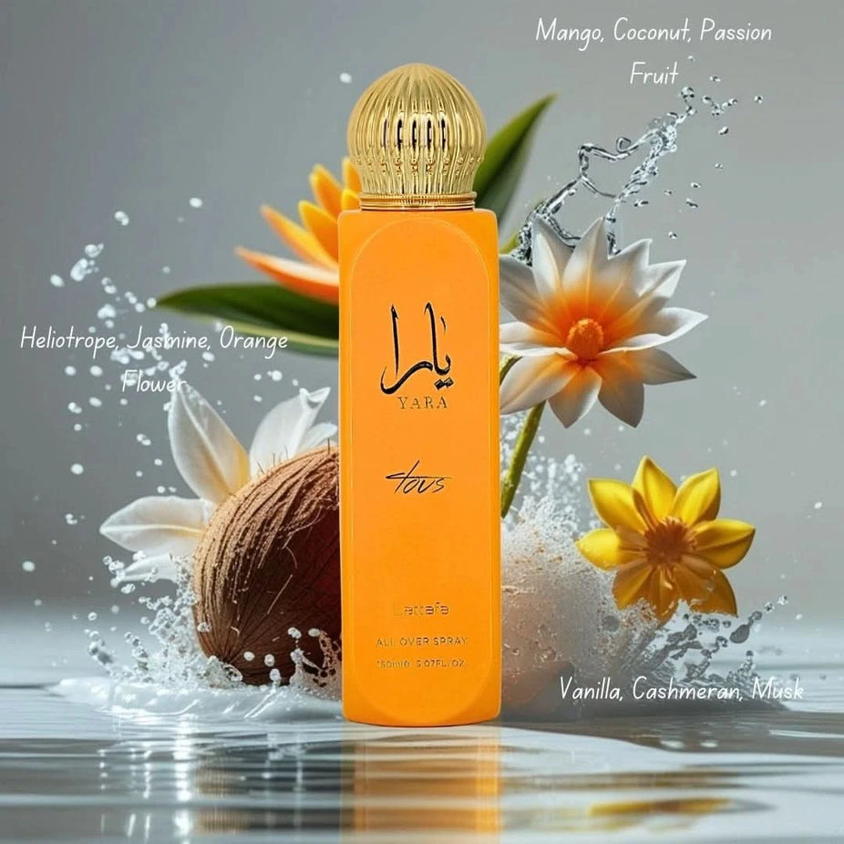 Lattafa Yara Tous All Over Spray 150ml with floral and oriental fragrance, featuring a sleek bottle design.