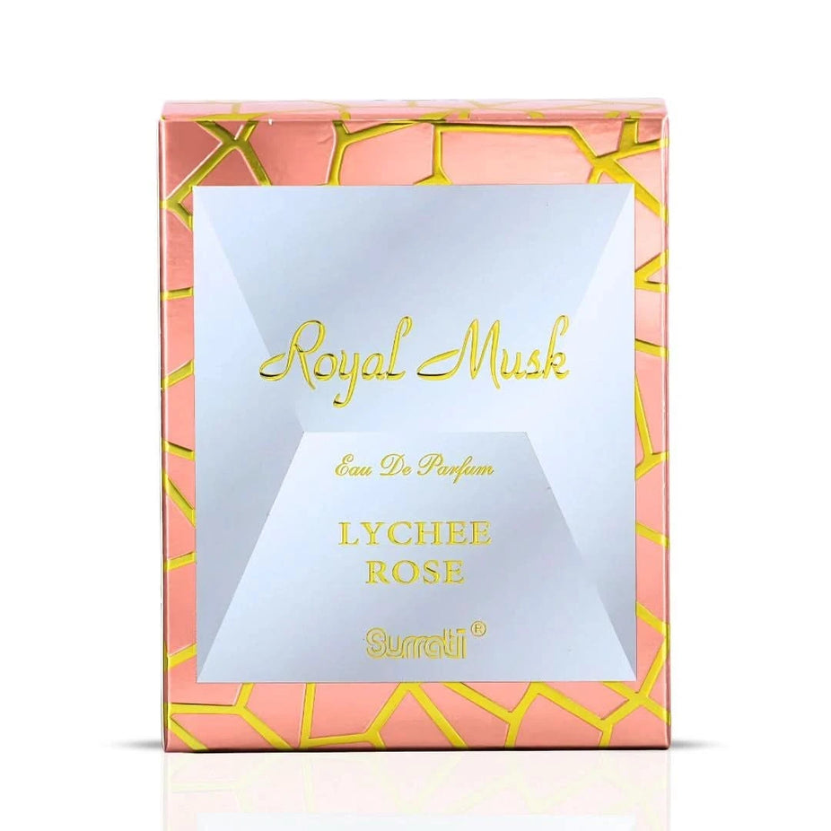 Surrati Royal Musk Lychee Rose Eau de Parfum spray bottle, 100ml, with elegant packaging and floral musk scent.