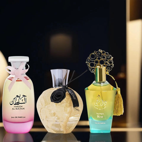 Hareem Al Sultan, Dar Al Hae & Daar Al Haneen Eau de Parfum Sprays 100ml (3.4 oz) by Ard Al Zaafaran | Floral, Gourmand & Woody — Three Scents, Endless Elegance. (Tiara Collection) - Intense Oud