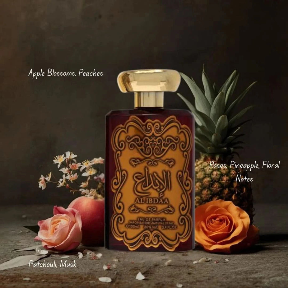 Bundle of four perfume products including Vogue Party, Al Ibdaa Gold, Shuhrah Sensuelle sprays, and Rouje perfume oil by Intense Oud.