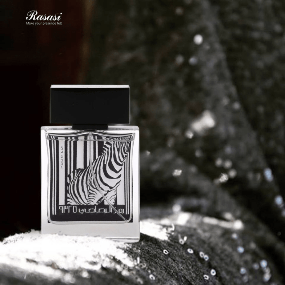 Rasasi Rumz Al Rasasi 9325 Zebra Pour Lui Eau de Parfum spray 50ml, featuring the distinctive zebra-themed bottle design.