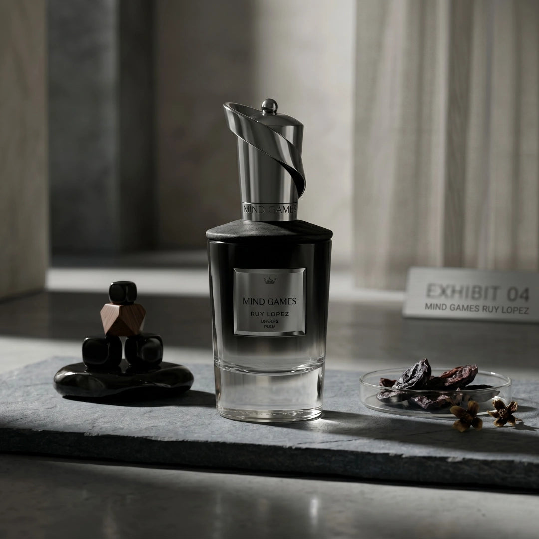 Mind Games Ruy Lopez Extrait de Parfum 100ml EDP bottle with elegant black and gold design on a reflective surface