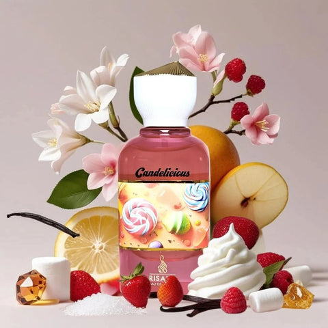 RISALA Candelicious Pista Kunafa & Kefi Frappe Eau de Parfum sprays bundle, 100ml each, featuring elegant bottles with intricate designs.