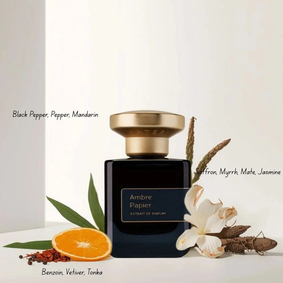 Atelier Materi Ambre Papier Extrait de Parfum spray bottle, 50ml, with elegant packaging and amber-colored liquid inside.