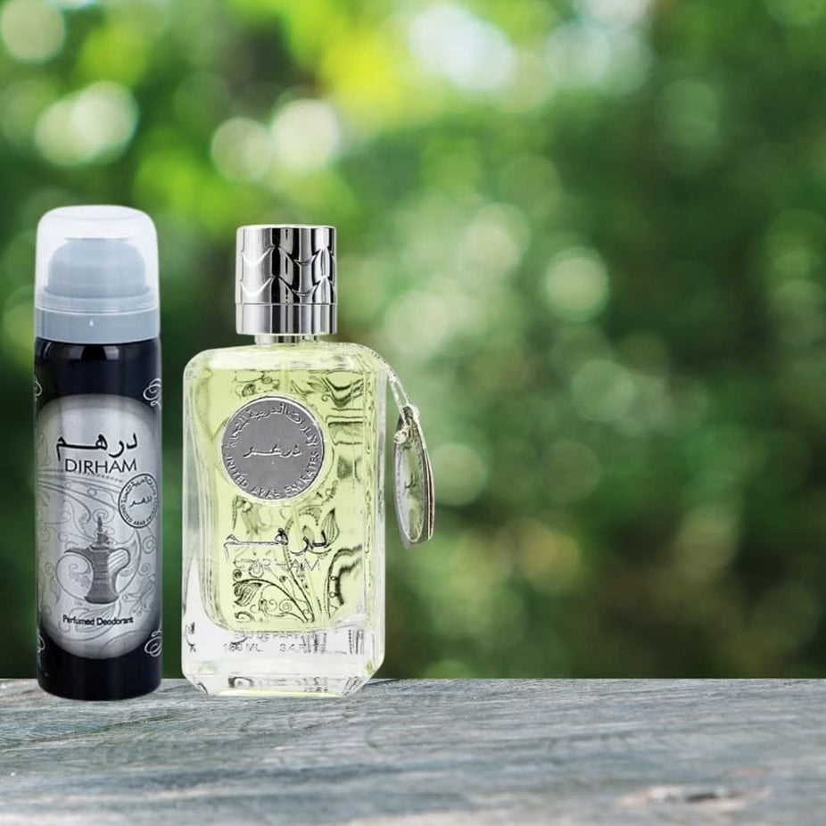 Dirham Eau de Parfum spray and deodorant set by Ard Al Zaafaran, 100ml EDP bottle and 50ml deodorant stick shown.