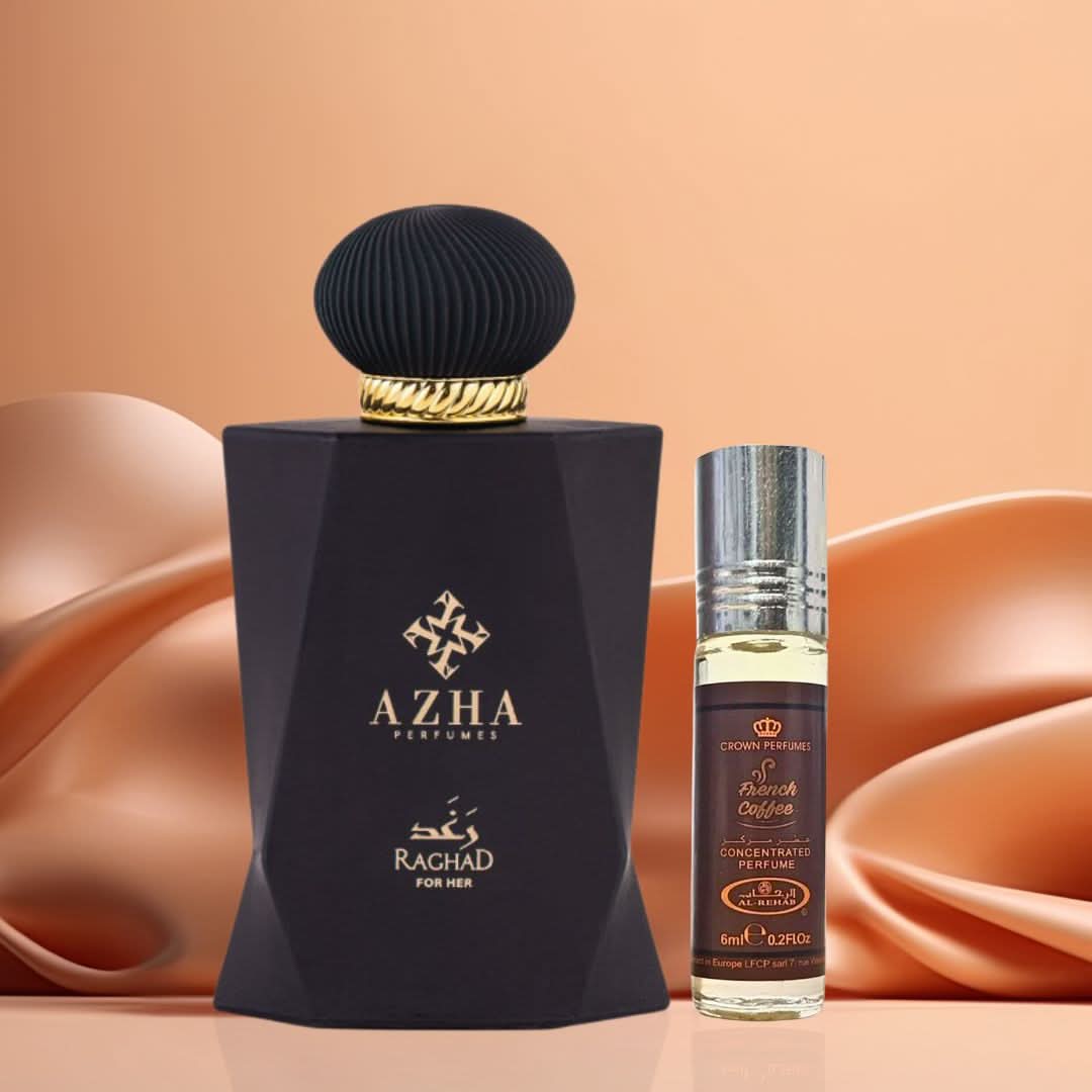 French Coffee 6ml and Azha Eau de Parfum 100ml bundle by Intense Oud, featuring perfume bottles and packaging details.