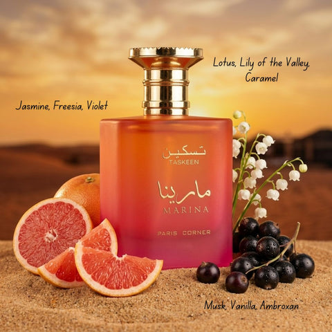 Paris Corner Taskeen Caramel Cascade and Marina Eau de Parfum sprays bundle, 100ml bottles with elegant packaging.