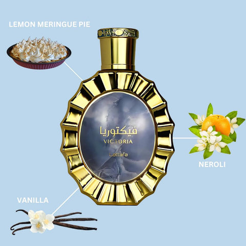 Victoria Eau de Parfum Spray by Lattafa in 100ml bottle, displayed with velvet pouch, showcasing elegant perfume packaging.