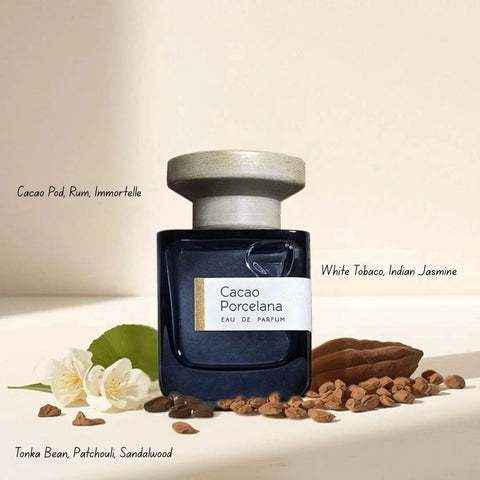 Atelier Materi Cacao Porcelana Eau de Parfum spray 100ml bottle with elegant packaging and gold accents.