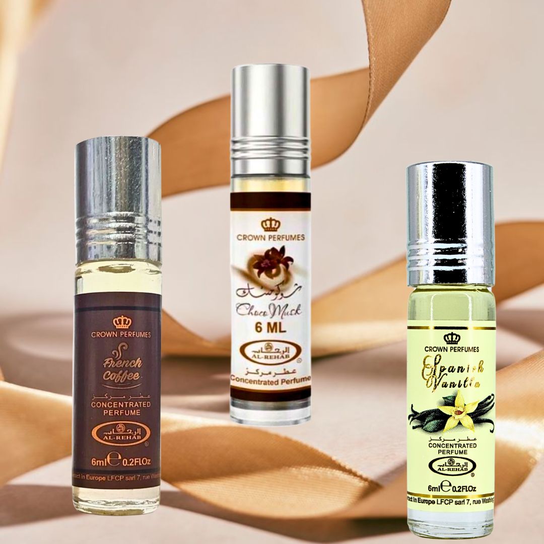 Choco Musk, Spanish Vanilla & French Coffee Perfume Oils 6ML (0.2 OZ) By Al Rehab | A Gourmand Trio Of Sweet, Creamy & Indulgent Scents. (GOURMAND BUNDLE) - Intense Oud