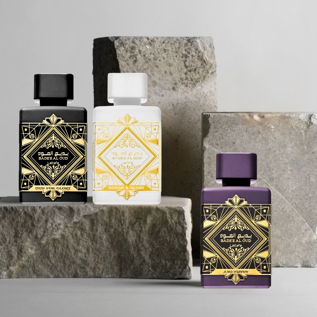 Bad'ee Al Oud Glory, Bad'ee Al Oud Amethyst & Bade’e Al Oud Honor & Glory EDP Sprays 100ML (3.4 OZ) By Lattafa | Three Captivating Scents, One Unforgettable You. (VALUE PACK) - Intense Oud