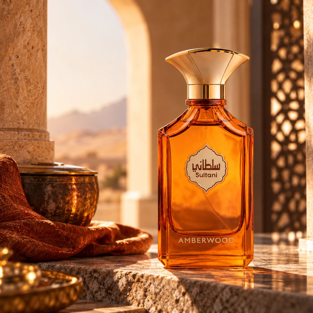Arabian Oud Sultani Amberwood Eau de Parfum spray bottle, 100ml, with elegant packaging and amber-colored fragrance liquid.