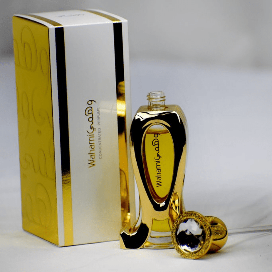 Rasasi Wahami Perfume Oil 20ml bottle, concentrated perfume oil with elegant packaging and a dark amber color.