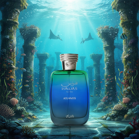 Rasasi Hawas Atlantis Eau de Parfum spray 100ml with velvet pouch, featuring a sleek bottle design and luxurious scent.