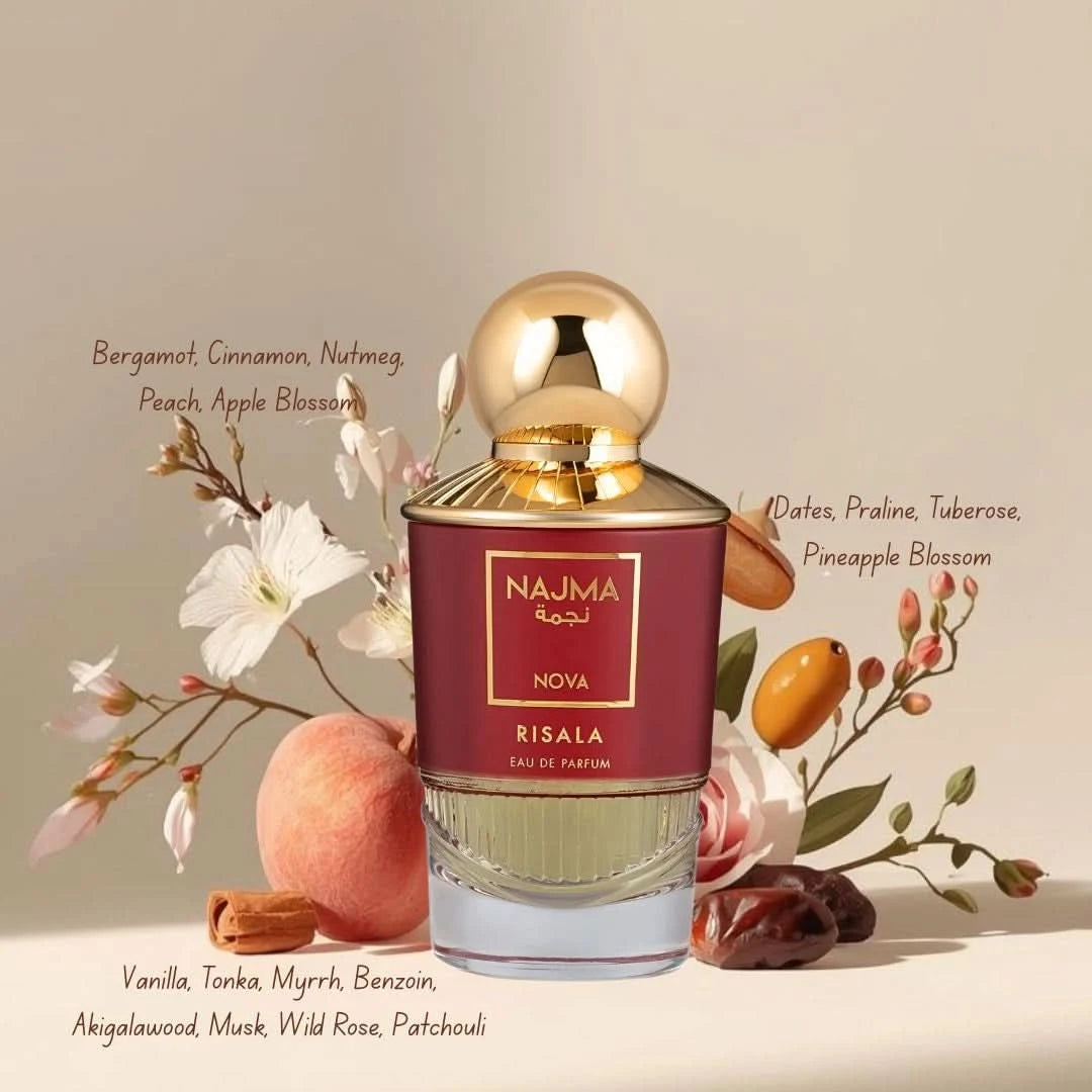 RISALA Najma Capella and Nova Eau de Parfum Spray bundle, 100ml each, featuring elegant bottles and sophisticated fragrance designs.