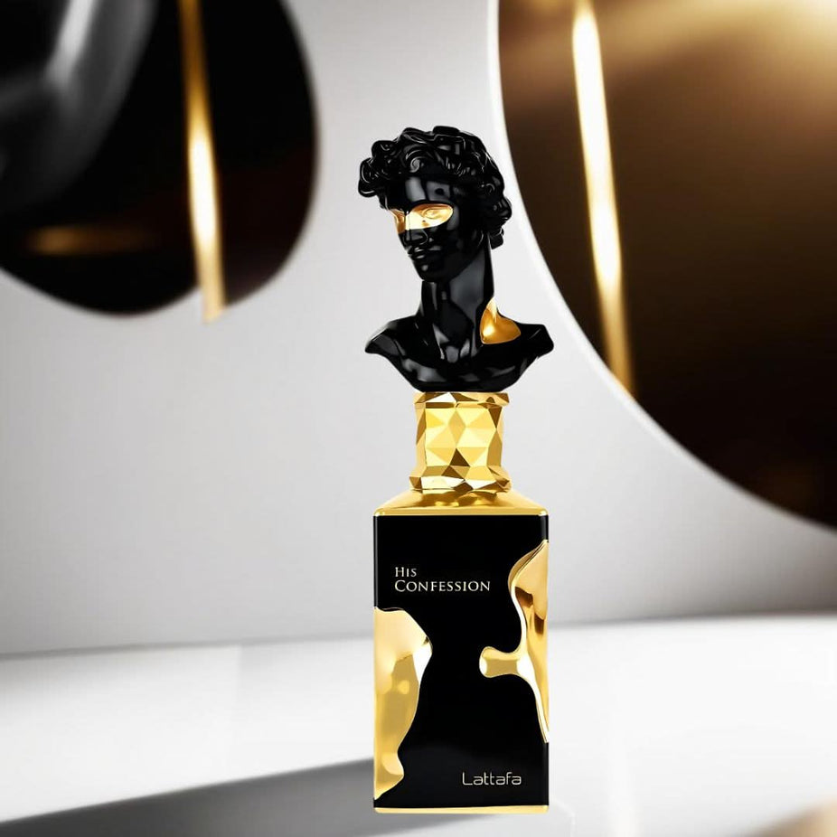 Lattafa His Confession Eau de Parfum spray bottle, 100ml, with elegant packaging and sleek design.
