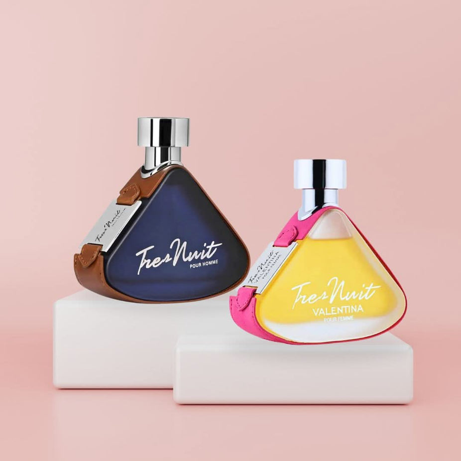 Armaf Tres Nuit Pour Homme and Valentina Pour Femme Eau de Parfum spray bundle, 100ml each, with sleek bottles and elegant packaging.