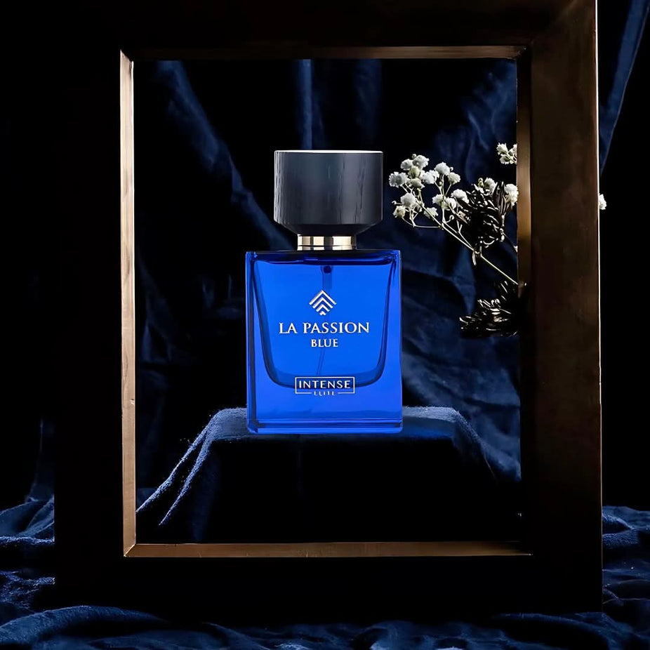 Bundle of two 100ml Eau de Parfum sprays: Hawas Ice by Rasasi and La Passion Blue by Intense Elite, featuring elegant bottle designs.