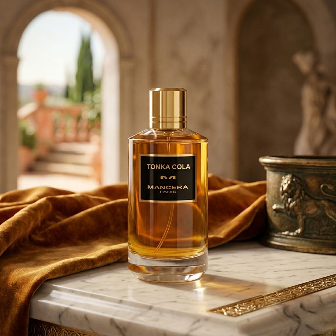 Mancera Tonka Cola Eau de Parfum spray bottle, 120ml, featuring a sleek design and the Mancera logo on the label.