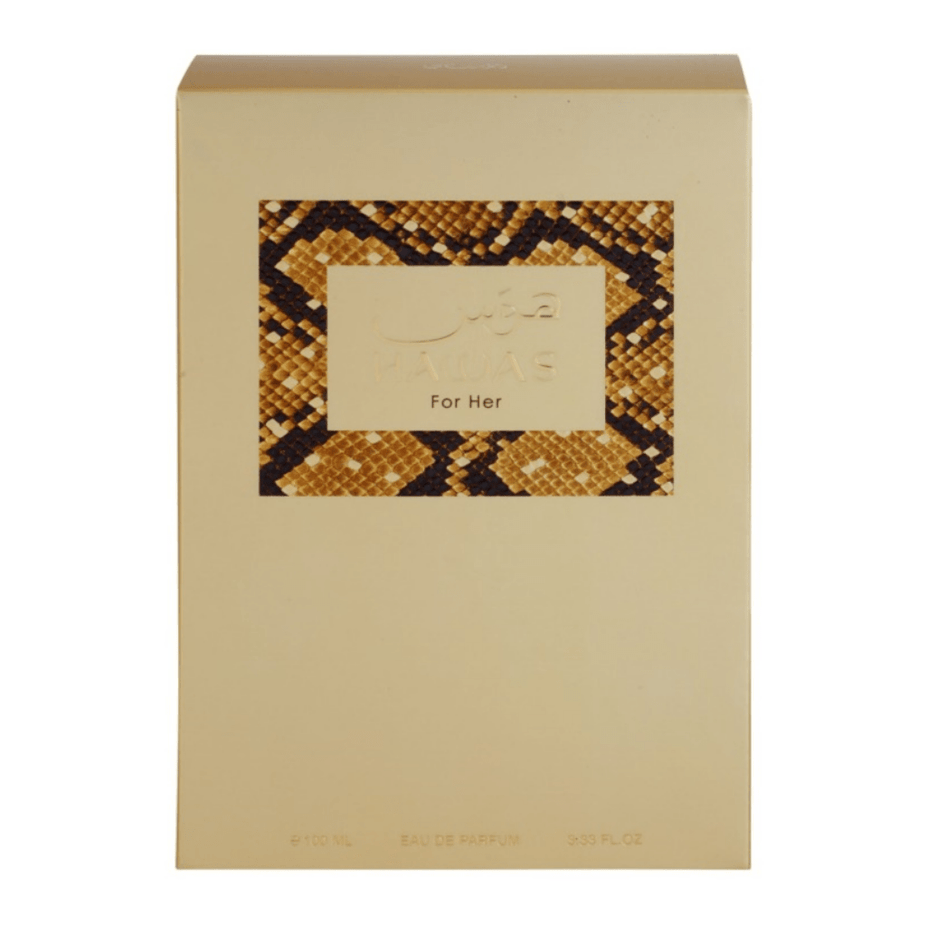 Rasasii Hawas for Her Eau de Parfum spray 100ml bottle, elegant packaging with floral and fruity notes visible on the label.