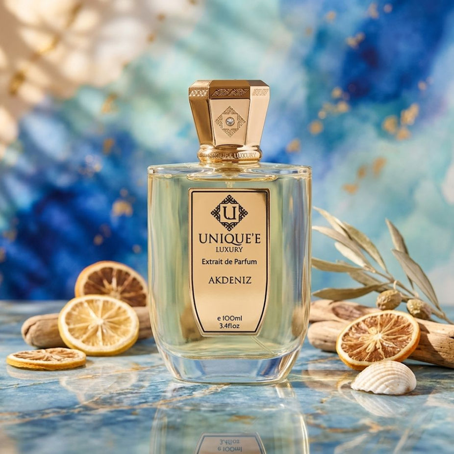 Unique'e Luxury Akdeniz Extrait de Parfum Spray 100ml bottle with elegant packaging and gold accents.