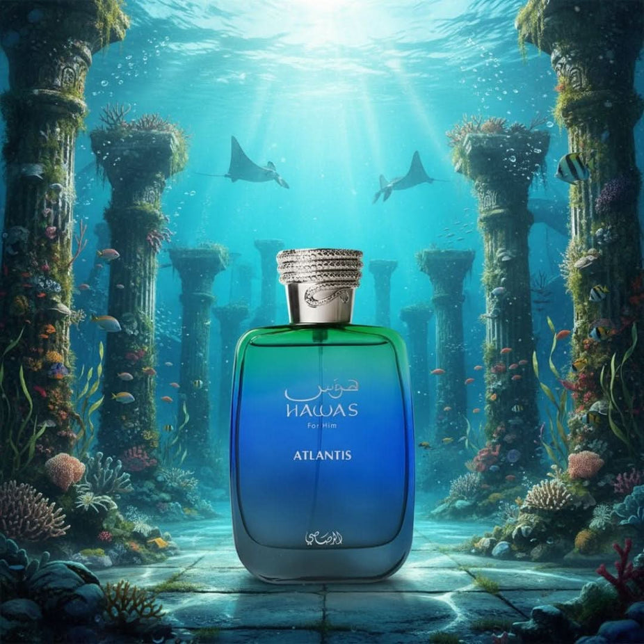 Rasasi Hawas Atlantis Eau de Parfum spray bottle, 100ml, featuring sleek design and elegant branding.