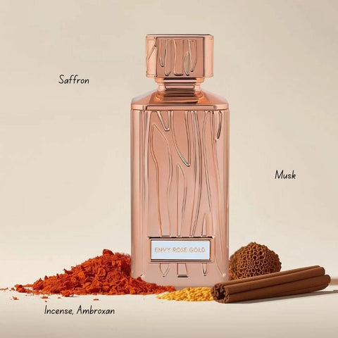 Hamidi Envy Rose Gold and Gold Eau de Parfum Spray bundle with two 100ml bottles, featuring elegant gold-themed packaging.