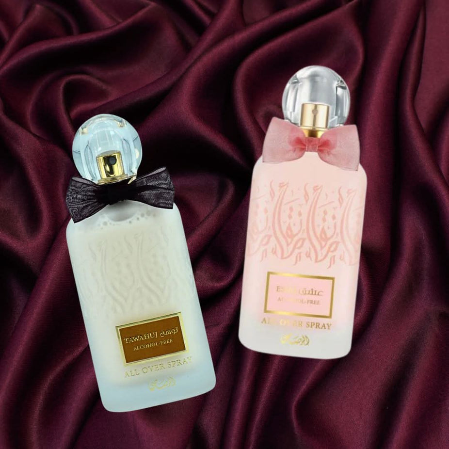 Rasasi Tawahuj & Eshq alcohol-free Eau de Parfum spray bundle, 100ml, featuring two elegant perfume bottles with decorative caps.
