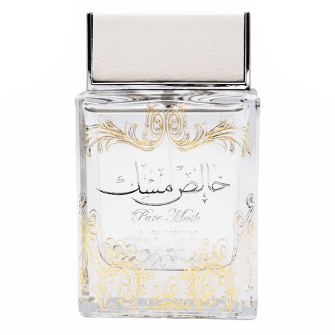 Lattafa Pure Musk Eau de Parfum spray in a velvet pouch, 100ml, with a sleek bottle and minimalist design.