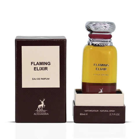 Flaming Elixir Eau de Parfum spray by Maison Alhambra, 80ml bottle with fiery orange and red design, sleek and modern packaging