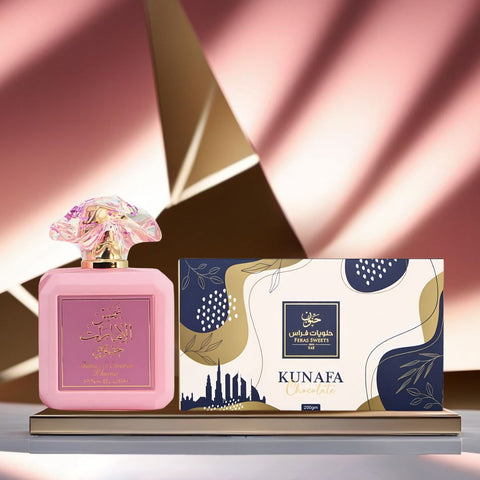 Pink Blush Eau De Parfum Spray 100ML by Ard Al Zaafaran & Dubai Kunafa Chocolate Bar 200GMS by Feras Sweets | The Perfect Gift Pairing—An Enchanting Perfume & a Luxurious Chocolate Treat. (Bundle) - Intense Oud