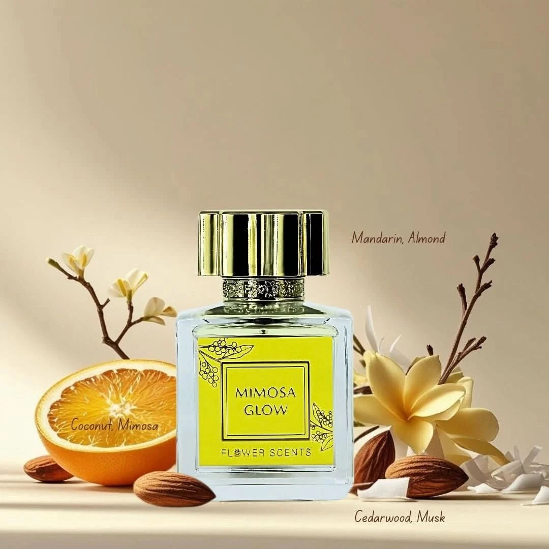Flower Scents Orange Blossom & Mimosa Glow Eau de Parfum bundle with two 65ml spray bottles, featuring floral and citrus scent imagery