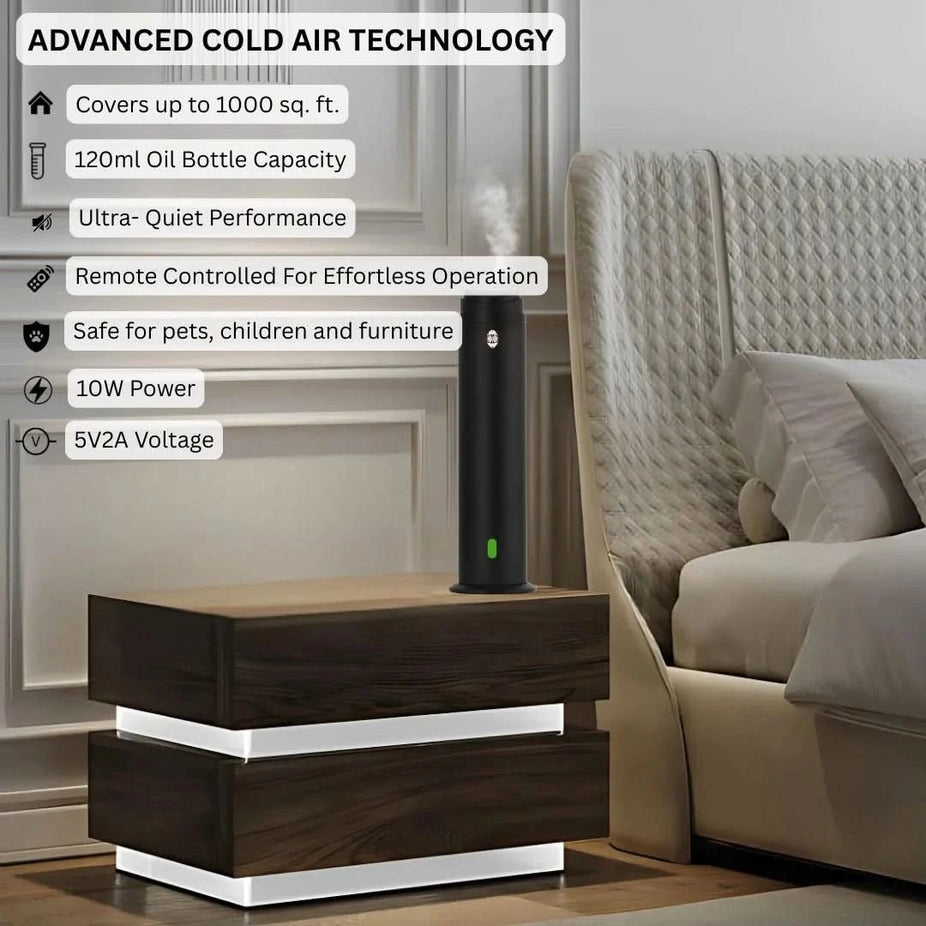 Intense Oud Black aromatherapy diffuser with remote, 120ml capacity, adjustable mist, timer, suitable for home, office, or hotel.