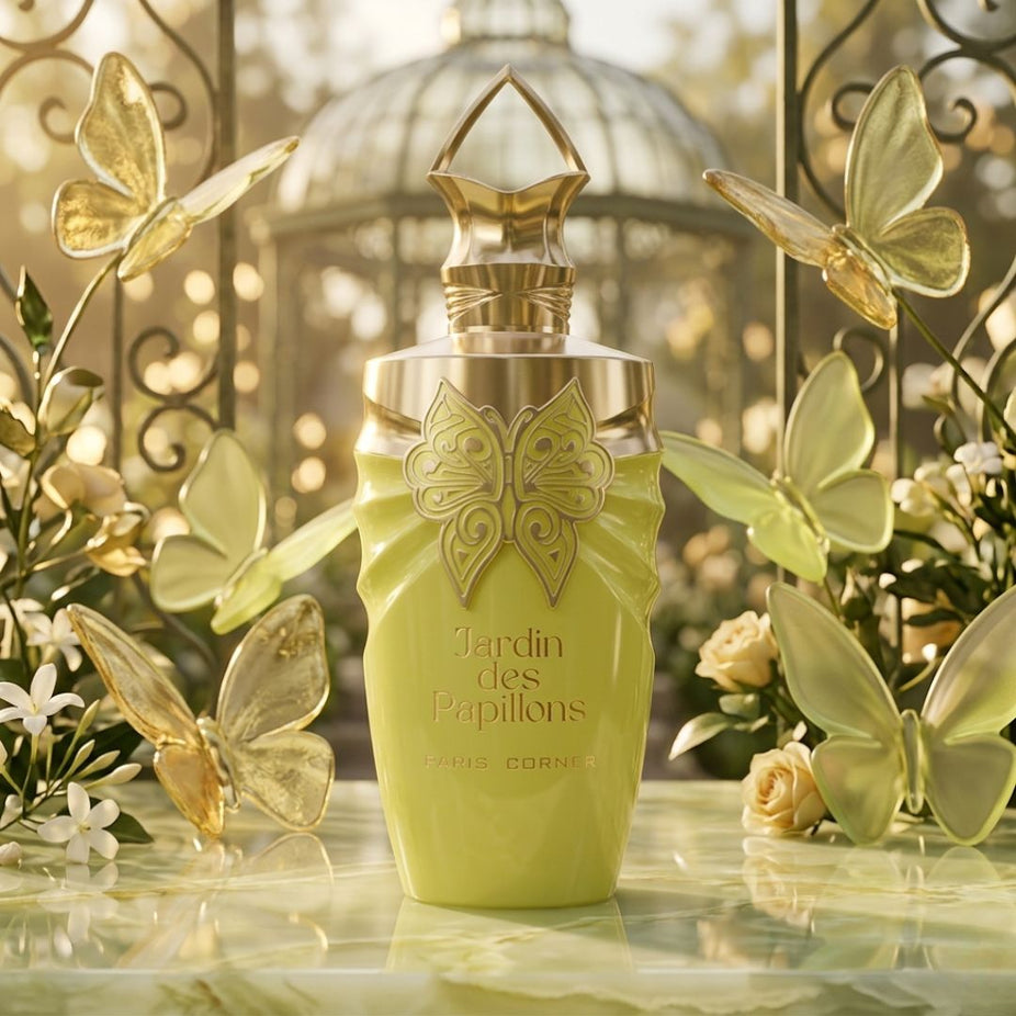 Paris Corner Jardin des Papillons Eau de Parfum Spray 100ml, elegant glass bottle with floral design and parfum spray nozzle