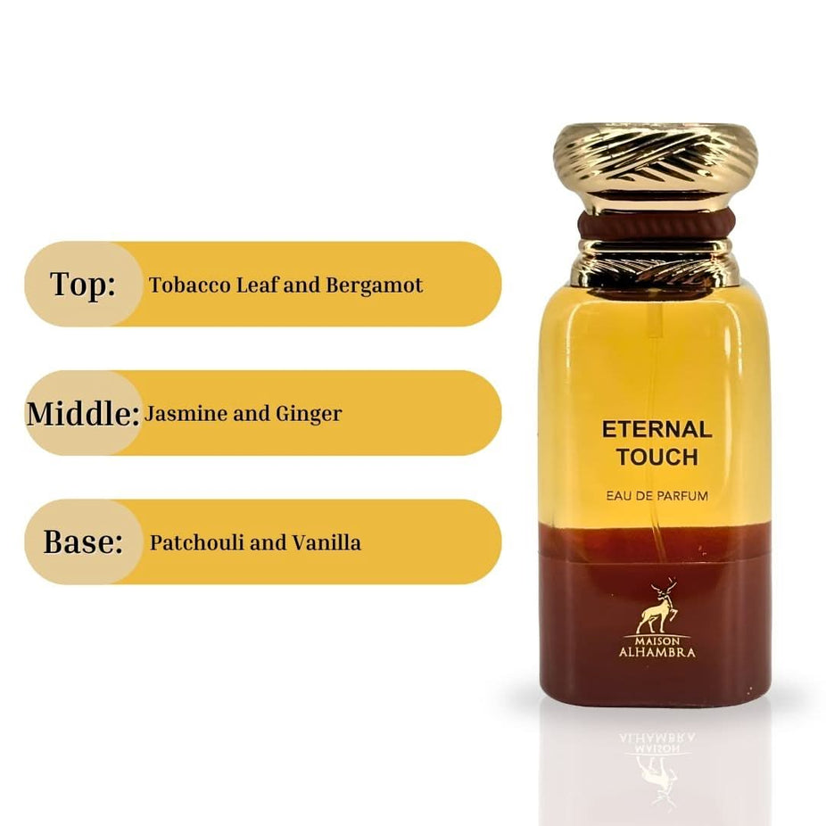 Maison Alhambra Eternal Touch Eau de Parfum spray 80ml bottle, elegant design, showcasing the fragrance's luxurious packaging.