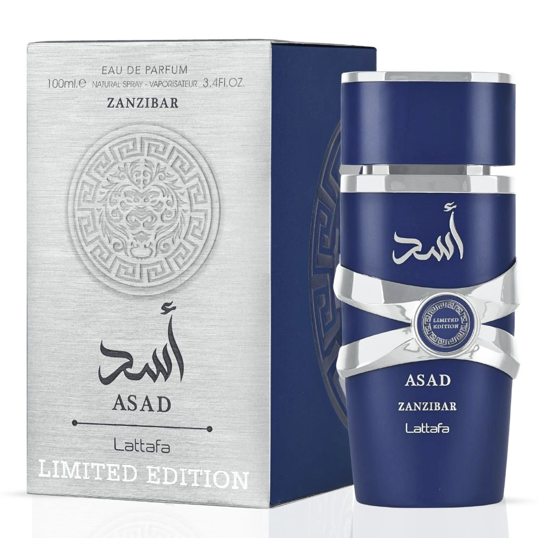 Asad Zanzibar & Asad Zanzibar Limited Edition Eau de Parfum Sprays 100ml (3.4oz) by Lattafa | The Spirit of Exotic Adventure (Bundle) - Intense Oud