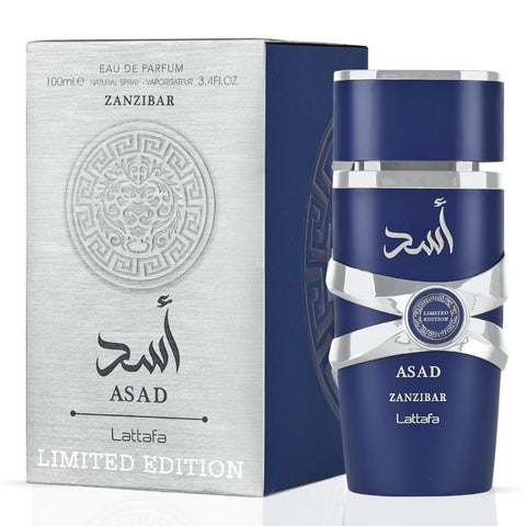 Asad Zanzibar & Asad Zanzibar Limited Edition Eau de Parfum Sprays 100ml (3.4oz) by Lattafa | The Spirit of Exotic Adventure (Bundle) - Intense Oud