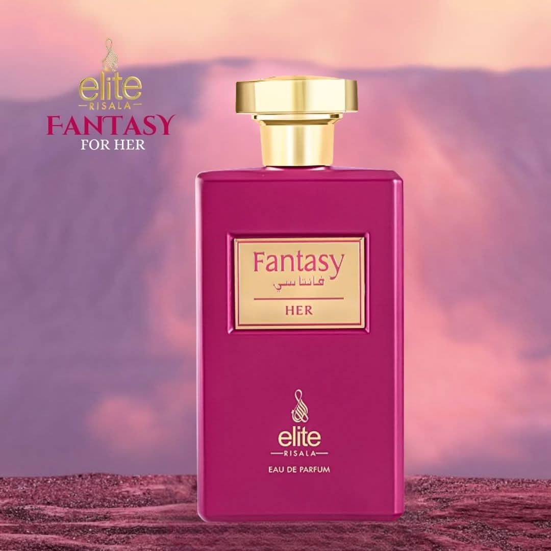 Fantasy For Her Eau de Parfum spray by Elite Risala, 100ml bottle with elegant packaging and floral fragrance design.