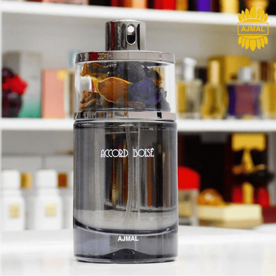 Accord Boise for Men Eau De Parfum by Ajmal in a 75ml bottle, showcasing the elegant packaging and design of the fragrance.