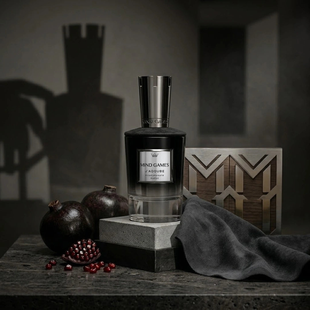 J’adoube Extrait de Parfum 100ml by Mind Games, elegant glass bottle of EDP with a sleek design and cap.
