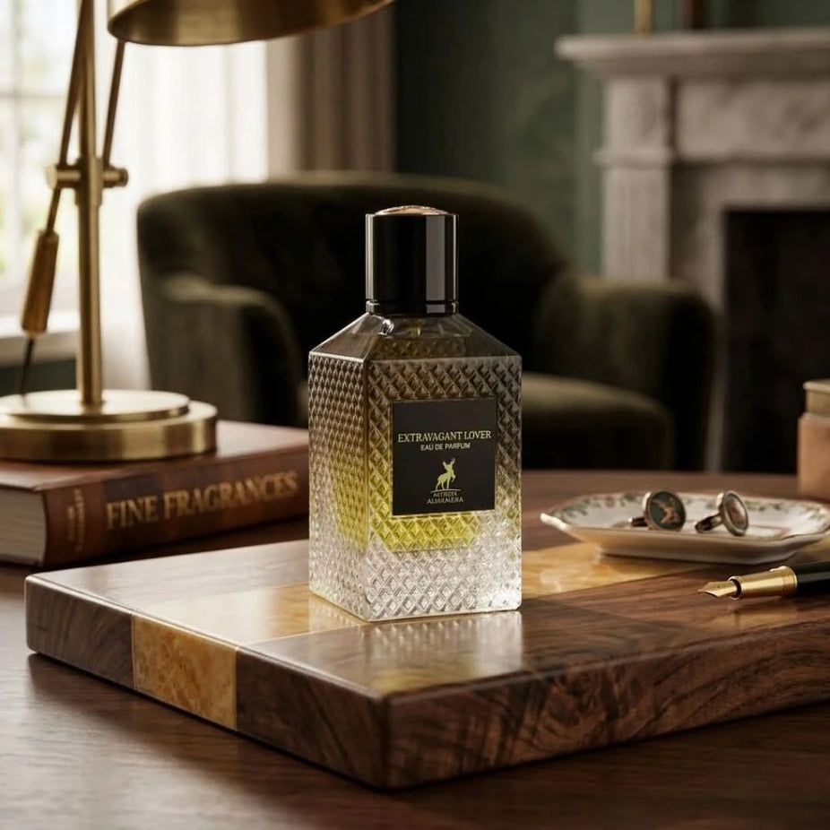 Maison Alhambra Extravagant Lover Eau de Parfum spray 100ml bottle, elegant fragrance with a luxurious glass design.