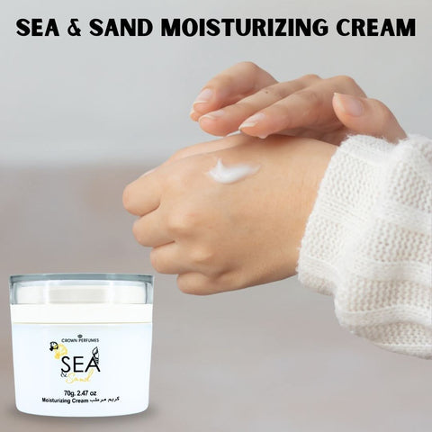 Sea & Sand Moisturizing Body Cream by Al Rehab in a 70g jar with a smooth, creamy texture and soothing packaging.