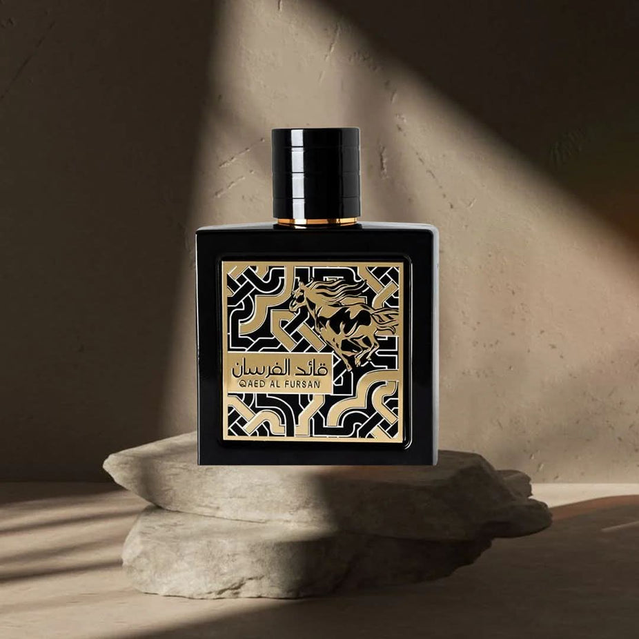 Lattafa Qaed Al Fursan and Untamed Eau de Parfum sprays bundle, 90ml each, featuring elegant perfume bottles with intricate designs.