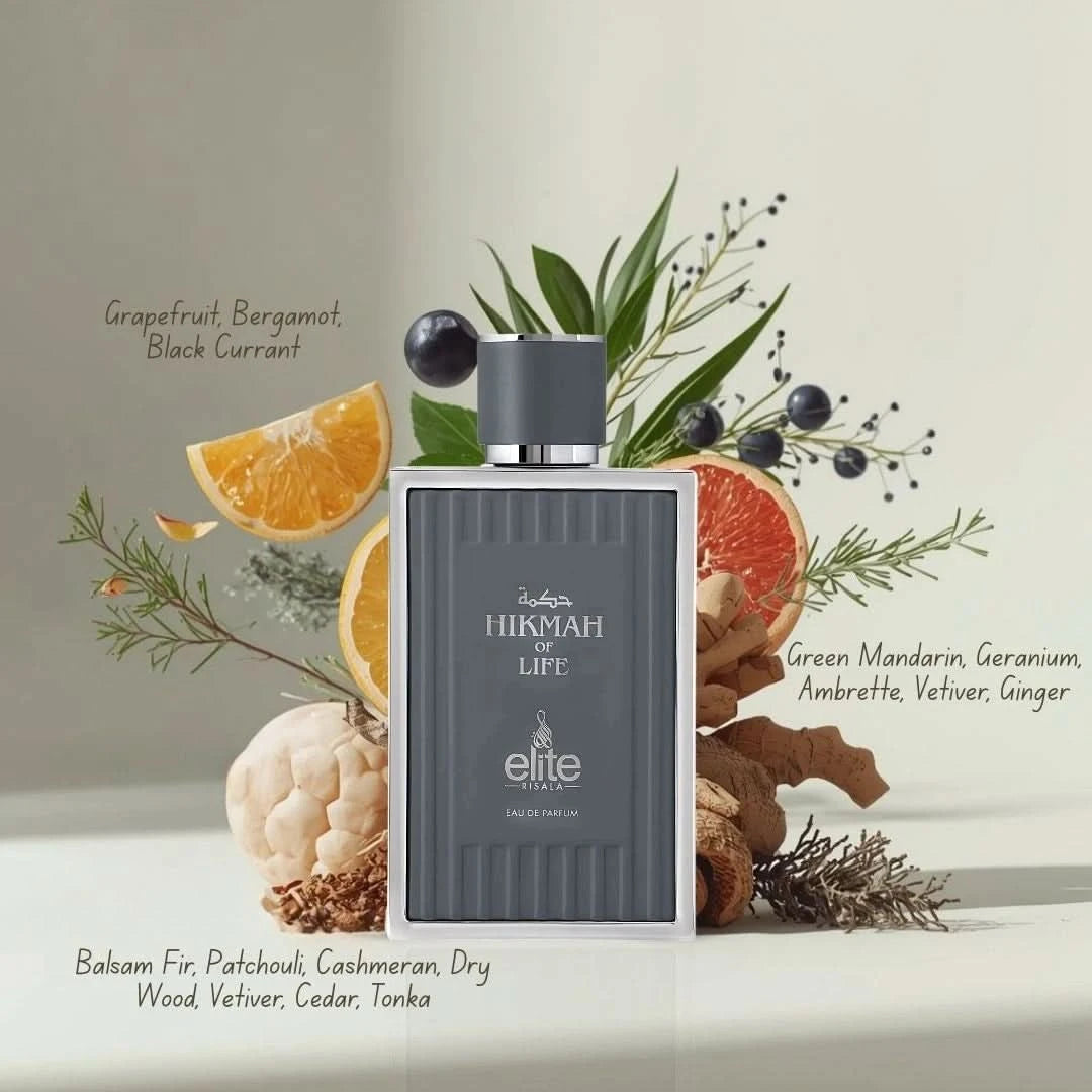Elite Risala Hikmah Of Life Eau de Parfum spray bottle, 100ml, with elegant packaging and fragrance details.