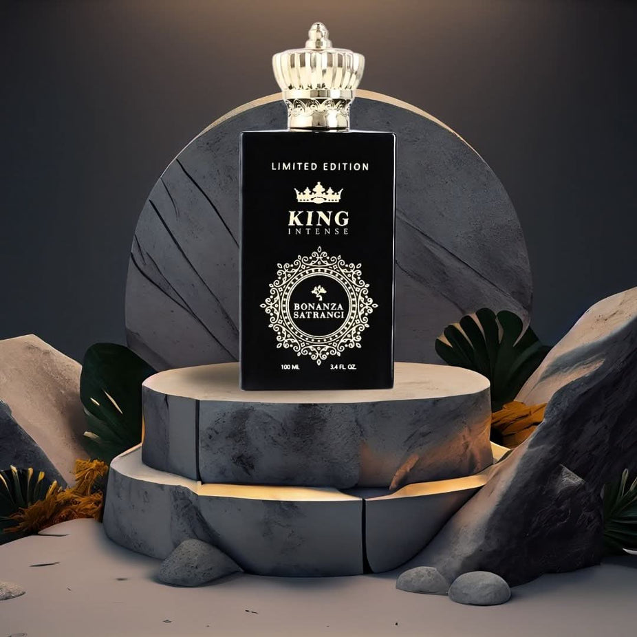 Bonanza Satrangi King Intense EDP spray 100ML bottle with luxurious warm vanilla fragrance for men and women.