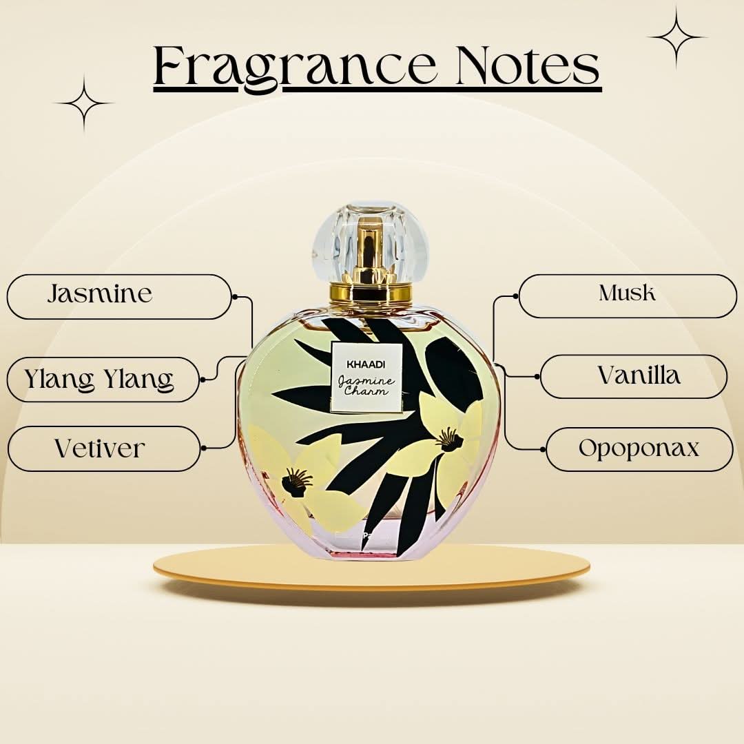 Jasmine Charm Eau de Parfum spray by Khaadi, 100ml bottle with elegant floral design and transparent glass finish.