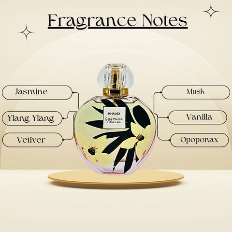 Jasmine Charm Eau de Parfum spray by Khaadi, 100ml bottle with elegant floral design and transparent glass finish.