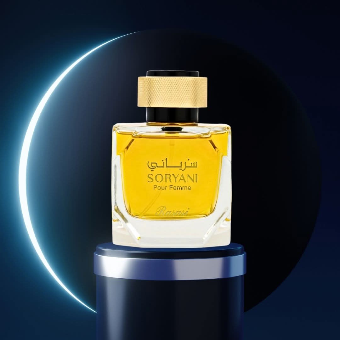 Rasasi Soryani Pour Femme EDP spray 100ML with floral, citrusy, musky notes, showcasing the elegant perfume bottle.