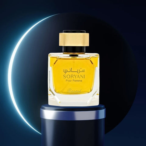 Rasasi Soryani Pour Femme EDP spray 100ML with floral, citrusy, musky notes, showcasing the elegant perfume bottle.
