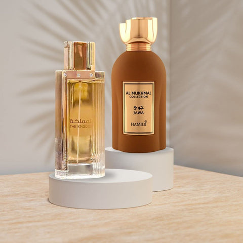 Bundle of two Intense Oud Eau de Parfum sprays for women, The Kingdom by Lattafa and Jawa by Hamidi, 100ml each.
